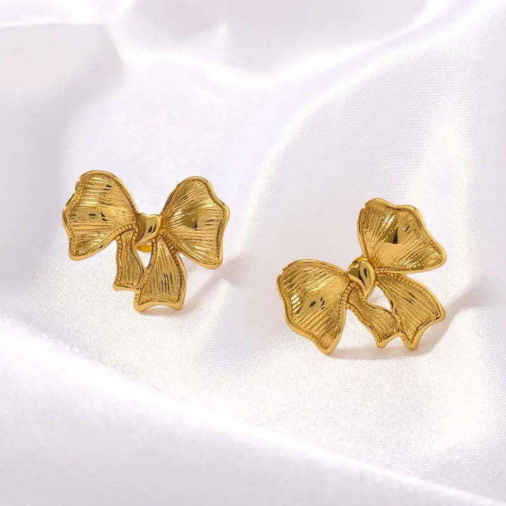 Waterproof anti tarnish gold bow design earrings for women’s daily wear